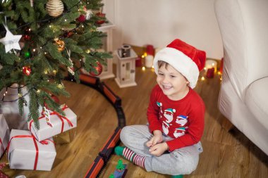 Noel ağacı yakınındaki bir Noel Baba şapkalı bir mutlu 4 yaşındaki çocuk portresi. Noel. Tatil. Yeni yıl. Mutluluk. Çocuk. Rahat.