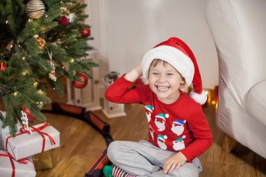 Noel ağacı yakınındaki bir Noel Baba şapkalı bir mutlu 4 yaşındaki çocuk portresi. Noel. Tatil. Yeni yıl. Mutluluk. Çocuk. Rahat.