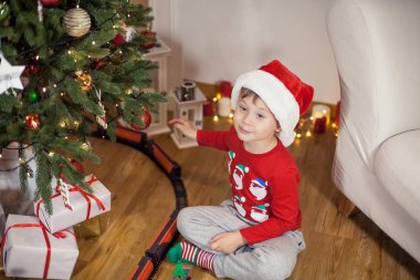 Noel ağacı yakınındaki bir Noel Baba şapkalı bir mutlu 4 yaşındaki çocuk portresi. Noel. Tatil. Yeni yıl. Mutluluk. Çocuk. Rahat.