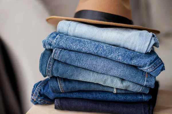 Jeans Vilten Hoed Denim Katoen Blauw Stack Jeans Het Interieur — Stockfoto