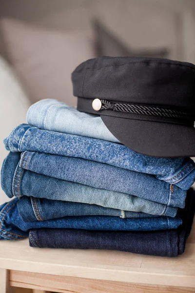 Jeans Black Cap Denim Cotton Blue Stack Jeans Interior Clothing — Stock Photo, Image