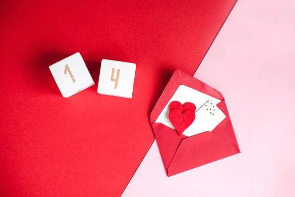 Valentine Day Concept Valentine Hearts Wooden Cubes Numbers Pink Background — Stock Photo, Image