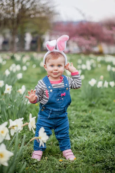 Pequeña chica linda de pie en la hierba cerca de los narcisos. Chica en el traje del conejo de Pascua . —  Fotos de Stock