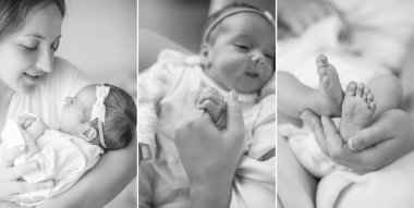 Black and white collage. Baby. Close-up. The legs and handles of the baby in her mother's hands. Motherhood.