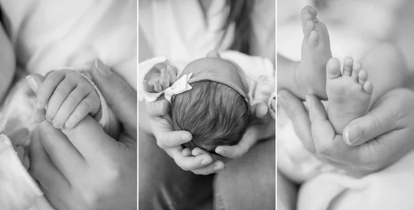 Black and white collage. Baby. Close-up. The legs and handles of the baby in her mother's hands. Motherhood. — Stock Photo, Image