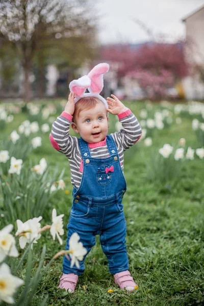 Niña linda sentada en la hierba cerca de los narcisos. Chica en el traje del conejo de Pascua . —  Fotos de Stock