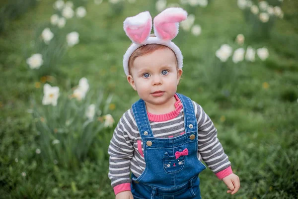 Niña linda sentada en la hierba cerca de los narcisos. Chica en el traje del conejo de Pascua . —  Fotos de Stock