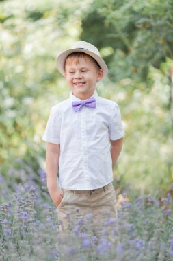 5 yaşında küçük bir çocuk çiçekli bir parkta yürüyor. Lavanta. Bahar. Papyon ile şapkalı bir çocuğun portresi.