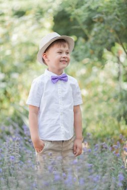5 yaşında küçük bir çocuk çiçekli bir parkta yürüyor. Lavanta. Bahar. Papyon ile şapkalı bir çocuğun portresi.
