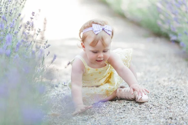 Niña de ojos azules sentada cerca de la floreciente lavanda. Cálido verano. Primavera . —  Fotos de Stock