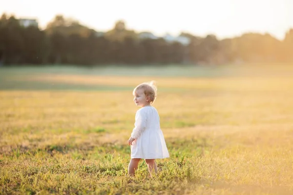 Una niña rizada de ojos azules con un vestido blanco camina por el campo. Retrato de una niña al sol. Puesta de sol . —  Fotos de Stock