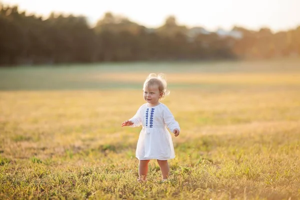 Una niña rizada de ojos azules con un vestido blanco camina por el campo. Retrato de una niña al sol. Puesta de sol . —  Fotos de Stock