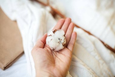 Close. Dişi eller yatağın arka planında pamuk tutarlar. Rahat. Sonbahar. Kış.