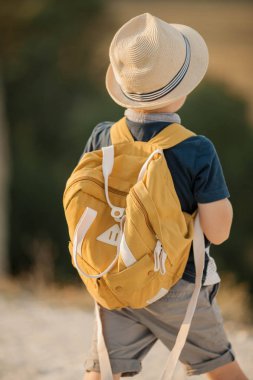 Güzel bir çocuk dağlarda duruyor. Turizm. Kampanya. Sonbahar.