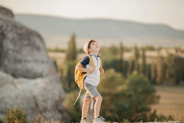 Güzel bir çocuk dağlarda duruyor. Turizm. Kampanya. Sonbahar.
