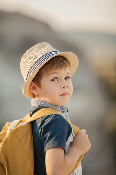 En vacker liten pojke står i fjällen. Turism. Kampanj. Falla. — Stockfoto