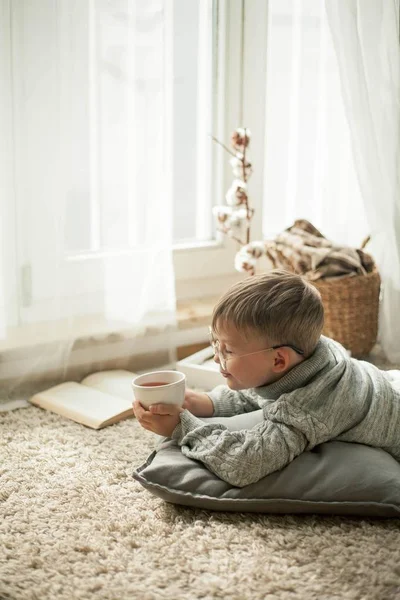 Un bel bambino con un maglione a maglia sta leggendo vicino alla finestra con una tazza di tè caldo. Accogliente. Autunno . — Foto Stock
