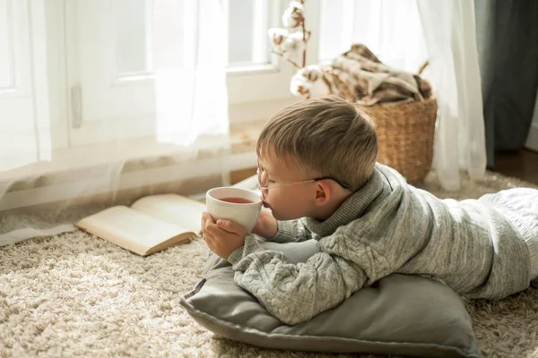 A beautiful little boy in a knitted sweater is reading by the window with a mug of hot tea. Cozy. Autumn. — Stock Photo, Image