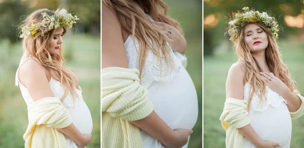 Collageen. Portret van een zwangere vrouw in de zon. Jonge mooie zwangere vrouw met een krans op haar hoofd in het veld. Moederschap. Warme herfst. — Stockfoto
