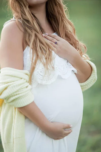 Närbild. Porträtt av en gravid kvinna i solen. Ung vacker gravid kvinna med en krans på huvudet på fältet. Moderskap. Varm höst. — Stockfoto