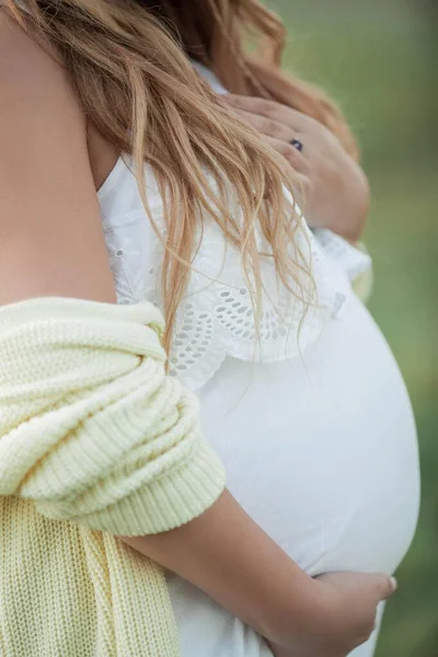 Nahaufnahme. Porträt einer schwangeren Frau in der Sonne. junge schöne schwangere Frau mit einem Kranz auf dem Kopf auf dem Feld. Mutterschaft. warmer Herbst. — Stockfoto