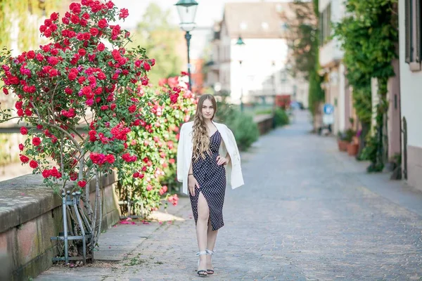 Young beautiful woman walks in a European city. Portrait of a young woman near blooming roses. Europe. — Stock Photo, Image