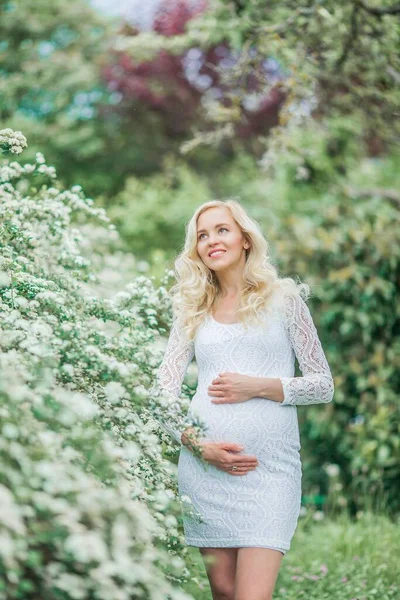 Ung Vacker Gravid Kvinna Spets Vit Klänning Promenader Blommande Park — Stockfoto