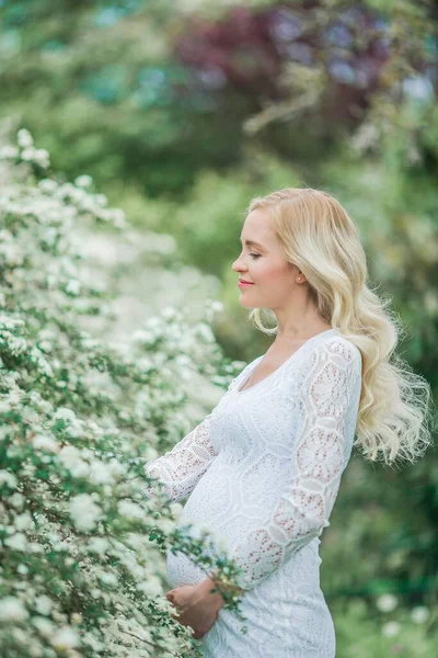 Ung Vacker Gravid Kvinna Spets Vit Klänning Promenader Blommande Park — Stockfoto