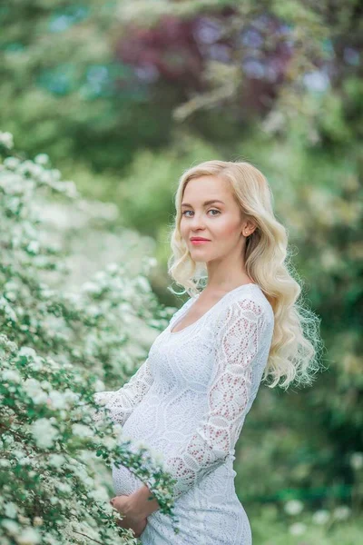 Joven Mujer Embarazada Hermosa Vestido Blanco Encaje Camina Parque Con —  Fotos de Stock