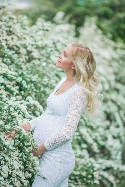 Молодая Красивая Беременная Женщина Кружевном Белом Платье Гуляет Цветущем Парке — стоковое фото