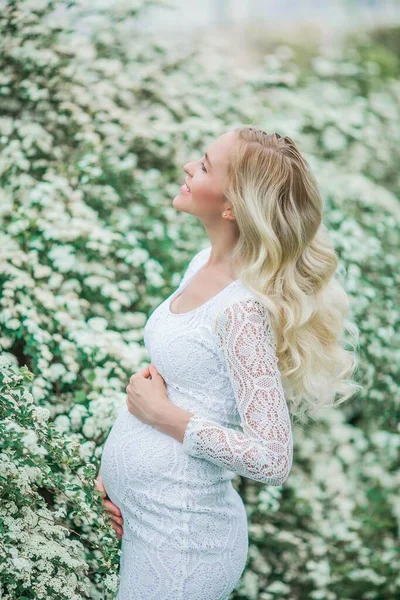 Ung Vacker Gravid Kvinna Spets Vit Klänning Promenader Blommande Park — Stockfoto