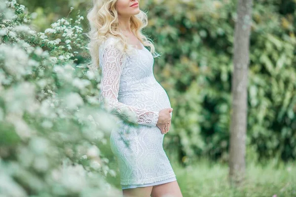 레이스같은 드레스를 아름다운 임신부가 공원을 있습니다 아름다운 금발의 — 스톡 사진