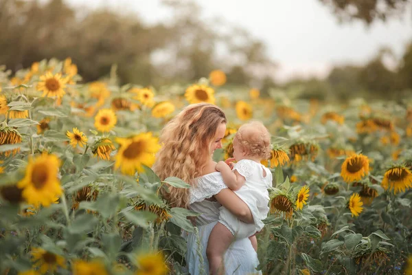 Young Beautiful Mother Holds Hands Little Curly Daughter Motherhood Curly — Stock Photo, Image