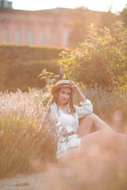 Gün batımında güzel genç bir kadın. Lavanta çiçekli güzel bir kadının portresi..