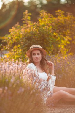 Gün batımında güzel genç bir kadın. Lavanta çiçekli güzel bir kadının portresi..