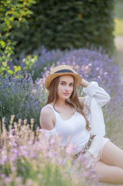 Gün batımında güzel genç bir kadın. Lavanta çiçekli güzel bir kadının portresi..