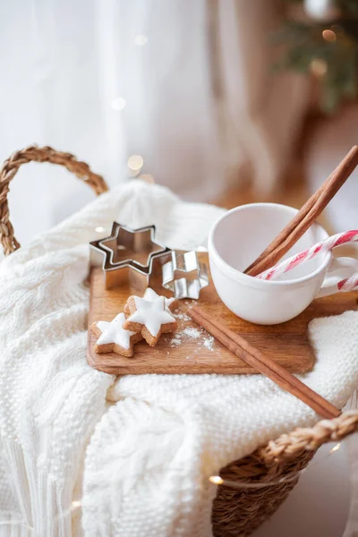 Decoração Natal Caneca Doces Natal Biscoitos Natal Camisola Malha Cesta — Fotografia de Stock