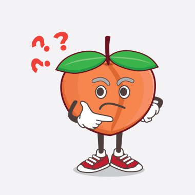 Karışık bir jestle Şeftali Meyvesi çizgi film maskotu karakterinin bir çizimi.