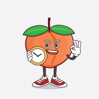 Şeftalili Fruit çizgi film karakteri saat tutuyor.