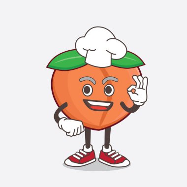 Şeftali ve beyaz şapkalı Şeftali Fruit çizgi film maskotu karakterinin bir çizimi.