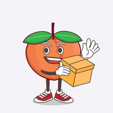 Şeftalili Fruit çizgi film karakteri bir kutu tutuyor.