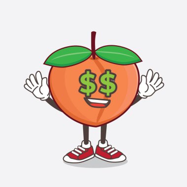 Gözlerinde para sembolü olan Şeftali Meyvesi çizgi film maskotu karakteri.