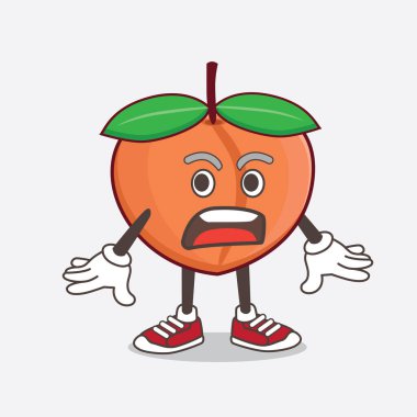 Şaşırtıcı bir jestle Şeftali Meyvesi çizgi film maskotu karakterinin bir çizimi