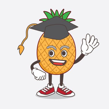 Siyah mezuniyet şapkalı Pineapple Fruit çizgi film maskotu karakteri.