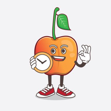 Royal Ann Cherry çizgi film maskot karakterinin saat tutan bir çizimi.