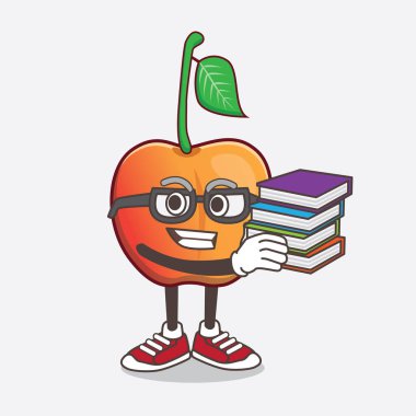 Royal Ann Cherry çizgi film maskot karakterinin bazı kitaplarla çalışmasının bir çizimi.