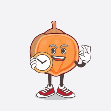 Quararibea Cordata karikatür maskot karakterinin saat tutan bir çizimi