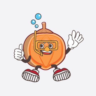 Quararibea Cordata karikatür maskot karakterinin Dalış takımları takan bir çizimi