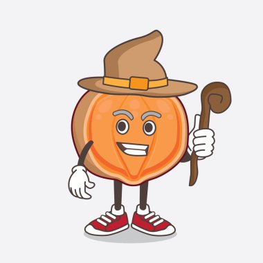 Quaribea Cordata karikatür maskot karakterinin çizimi şapka ve asa takan bir cadı.