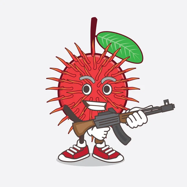 Ilustrace Rambutan Fruit Karikatura Maskota Postava Útočnou Puškou Kulomet — Stockový vektor